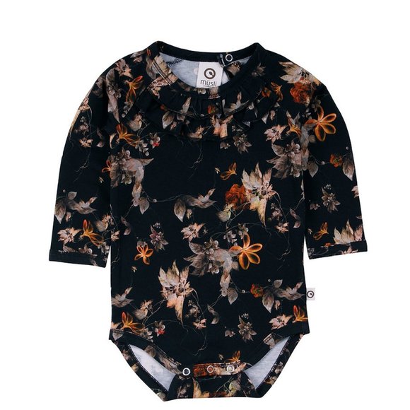 Musli by Green Cotton Other - Musli Onsie, black and floral, ruffle neckline